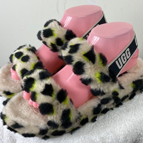 UGG Oh Yeah Sz 9 Slippers Slides Cheetah Animal Print Shearling Slingback - Picture 3 of 7